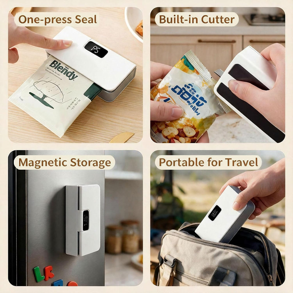Mini Bag Sealer & Cutter, USB-C Rechargeable, 6-Gear Adjustable Heat, LED Display, Magnetic, for