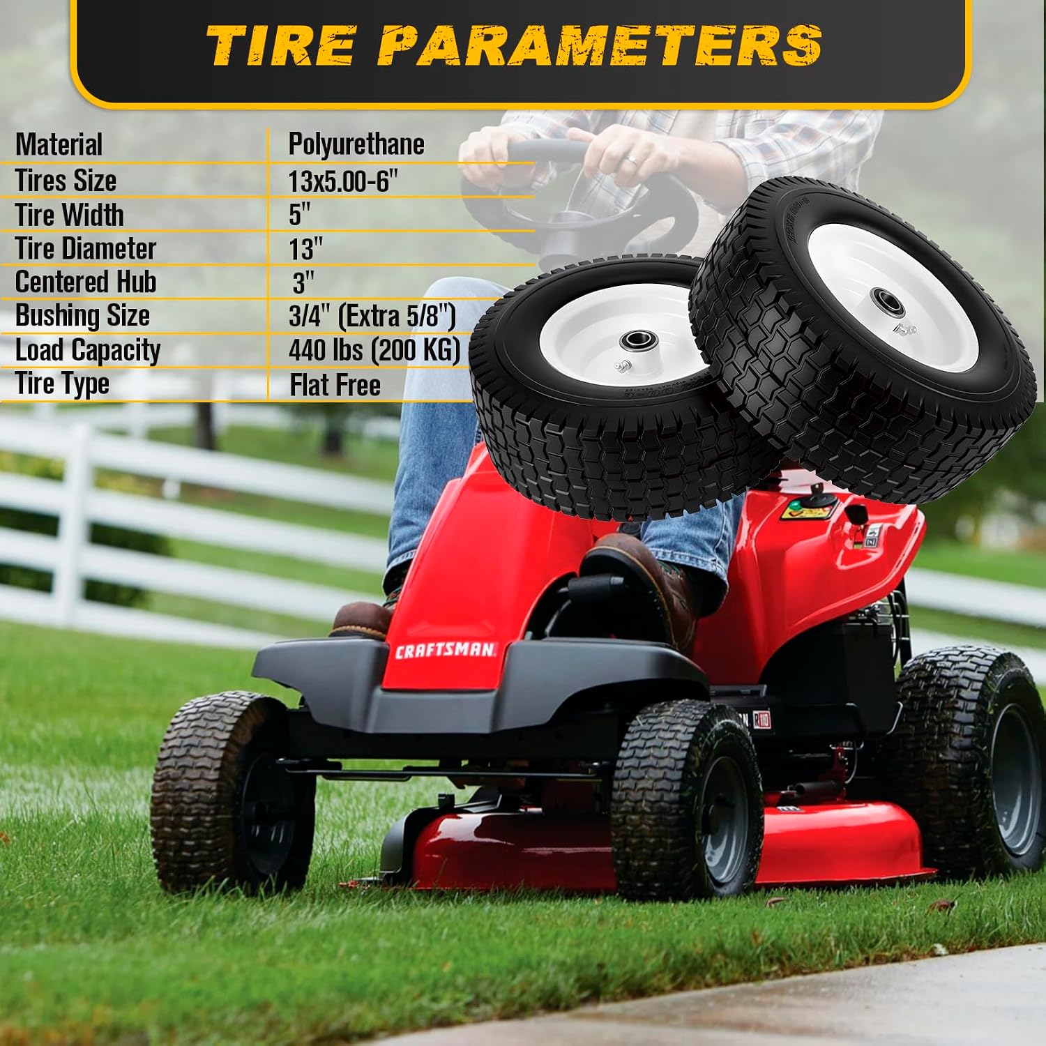 13x5.00-6 Flat Free Tire and Wheel with 3/4" & 5/8" Bearings – 2 Pack 13x5x6 Solid Lawn Mower Tires for Riding Lawn