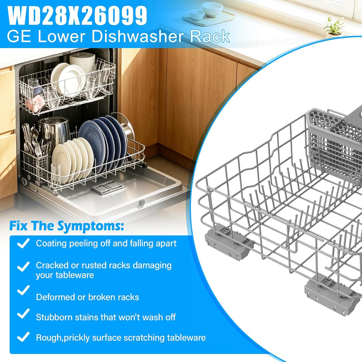 Upgraded WD28X26099 WD28X34744 Lower Rack forGE Dishwasher Rack Replacement