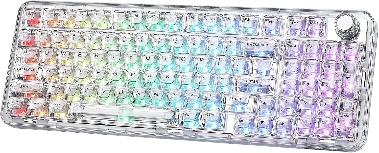 X98 Wireless Mechanical Keyboard with Knob (White, Crystal Switch) | BT5.0/USB-C/2.4GHz,1800 Layout with Number