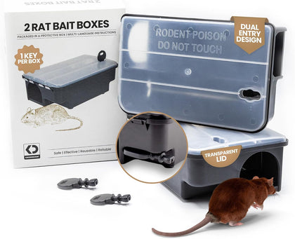 Professional Rat & Mouse Bait Station – 2 Lockable Weather-Resistant Rat Trap Boxes with Clear Lid & Dual Entry –