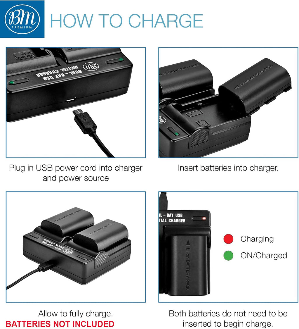 BM LP-E6, LP-E6N Dual Bay Battery Charger for Canon EOS R, EOS 90D, EOS 60D, EOS 70D, EOS 80D, EOS 5D II, EOS 5D III