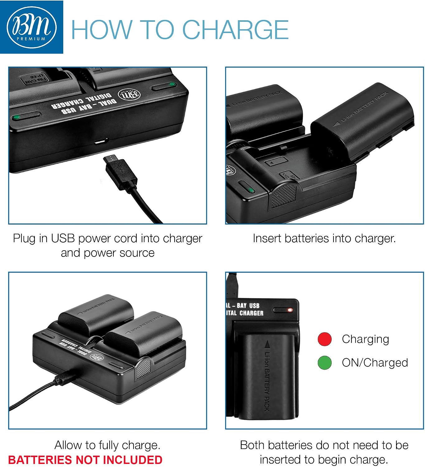 BM LP-E6, LP-E6N Dual Bay Battery Charger for Canon EOS R, EOS 90D, EOS 60D, EOS 70D, EOS 80D, EOS 5D II, EOS 5D III