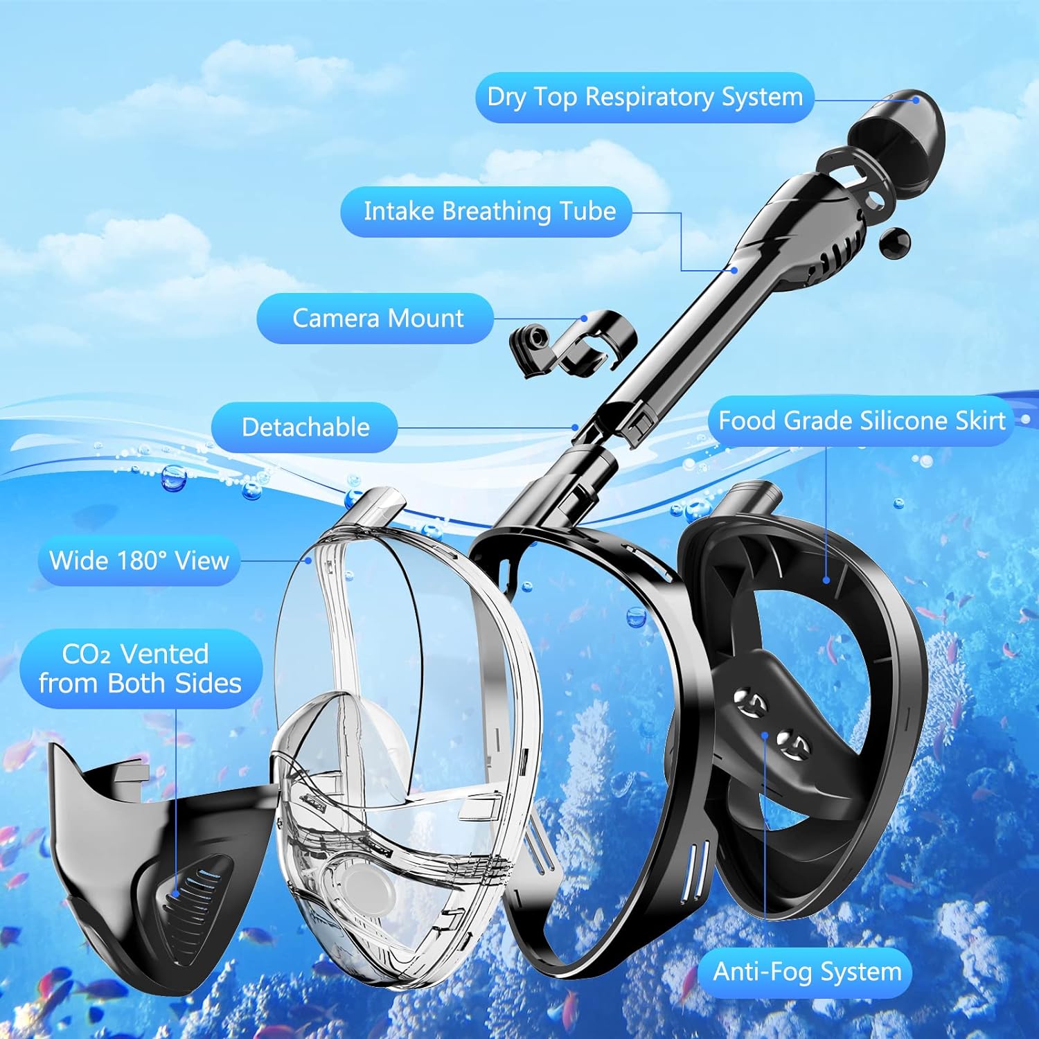 Full Face Snorkel Mask for Adults Teen, Snorkeling Gear with Detachable Camera Mount, Panoramic 180° View, Anti-Fog