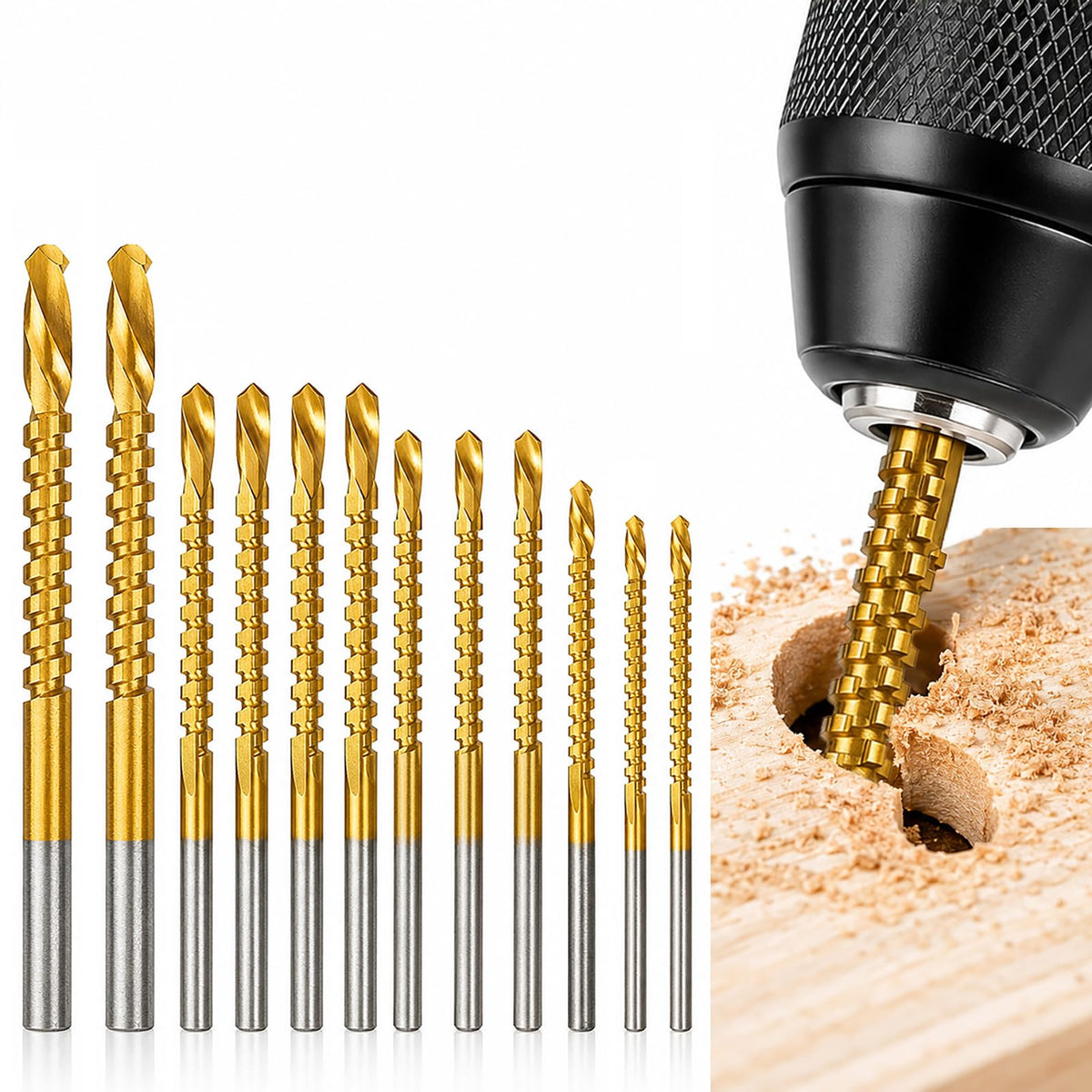 12-Piece Titanium HSS Twist Drill Bit Set, Serrated Side Cutting