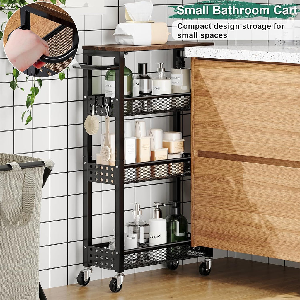 Utility Slim Rolling Cart with Table Top, Narrow Laundry Room Organization and Storage Shelves for Between Washer and