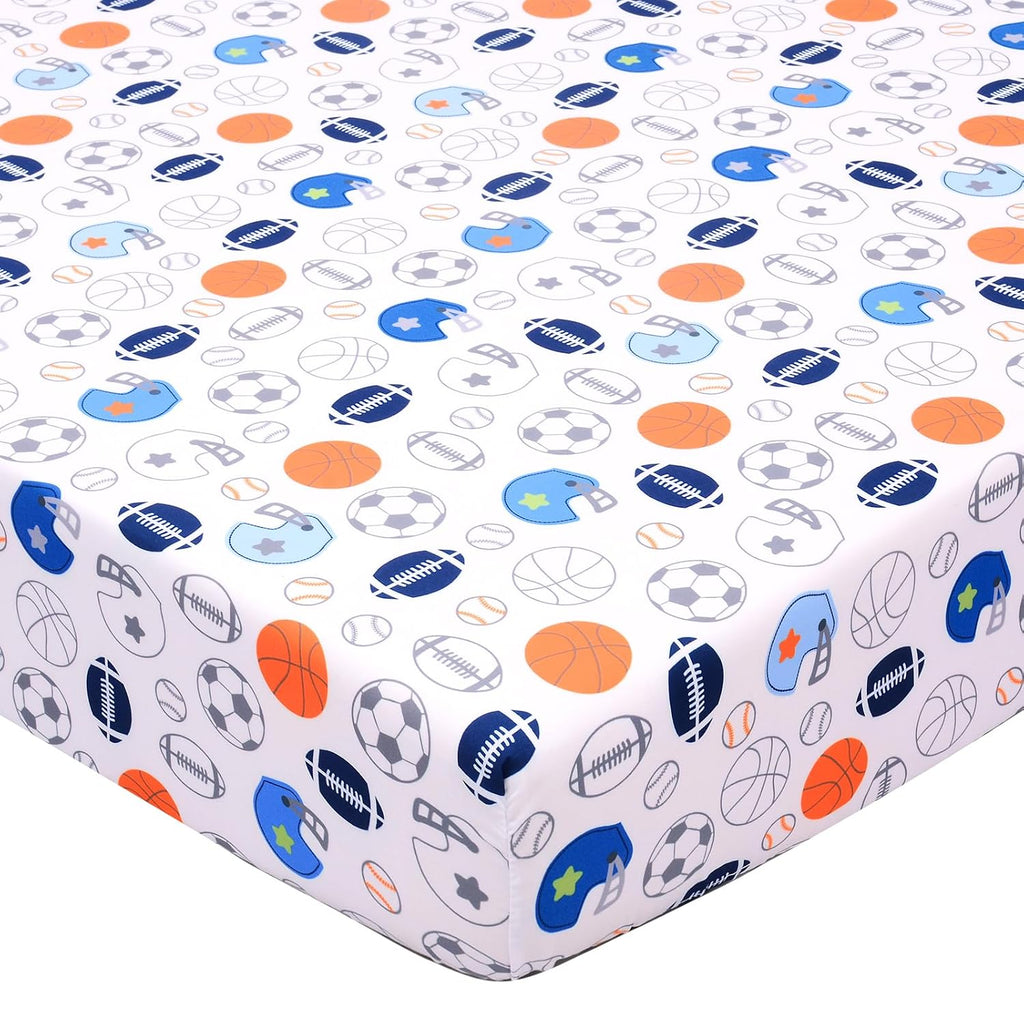 Crib Sheet - 1 Pack Sports Theme Nursery Bedding Sheet - Footballs Printed Standard Size Infant Bed Sheet Basketball