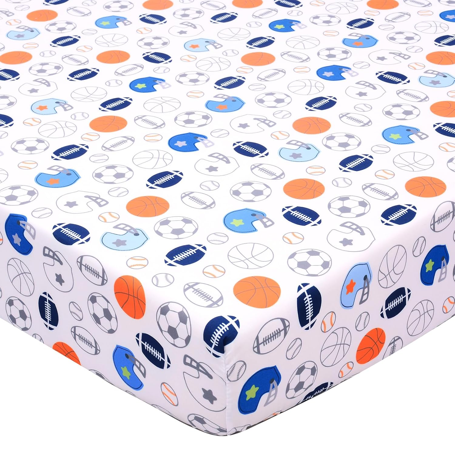 Crib Sheet - 1 Pack Sports Theme Nursery Bedding Sheet - Footballs Printed Standard Size Infant Bed Sheet Basketball