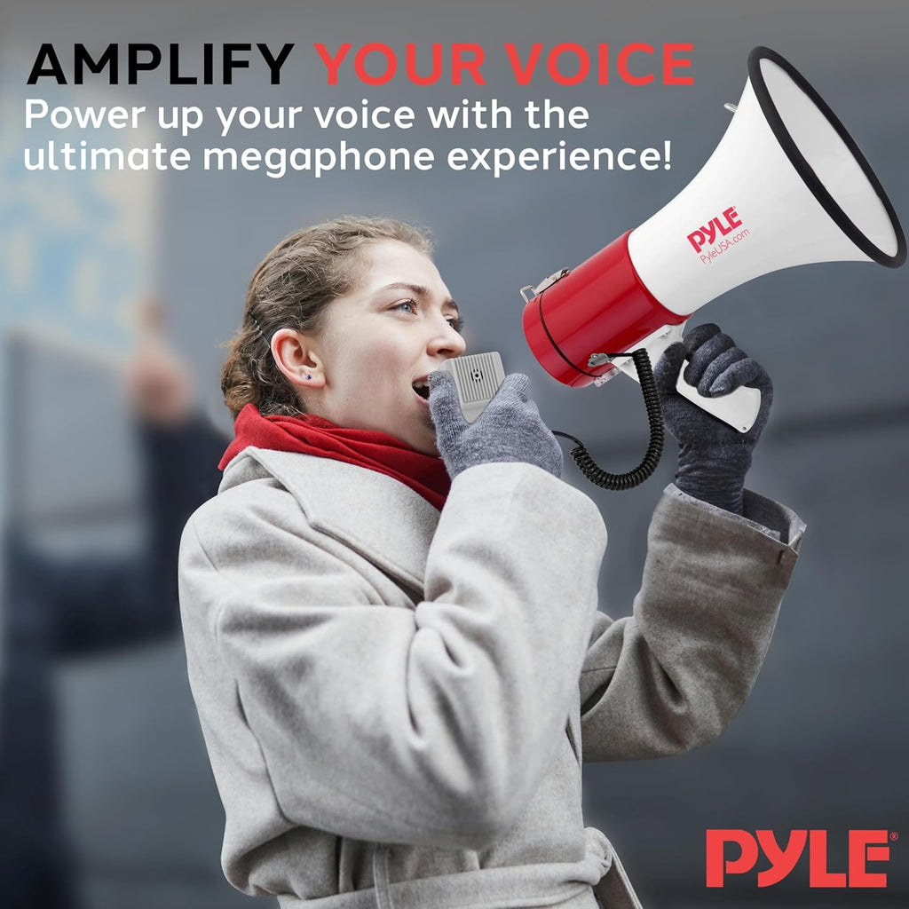 Megaphone 50W PA Bullhorn - Built-in Siren, Adjustable Volume Control & 1760 Yard Range, Record Function - Ideal for
