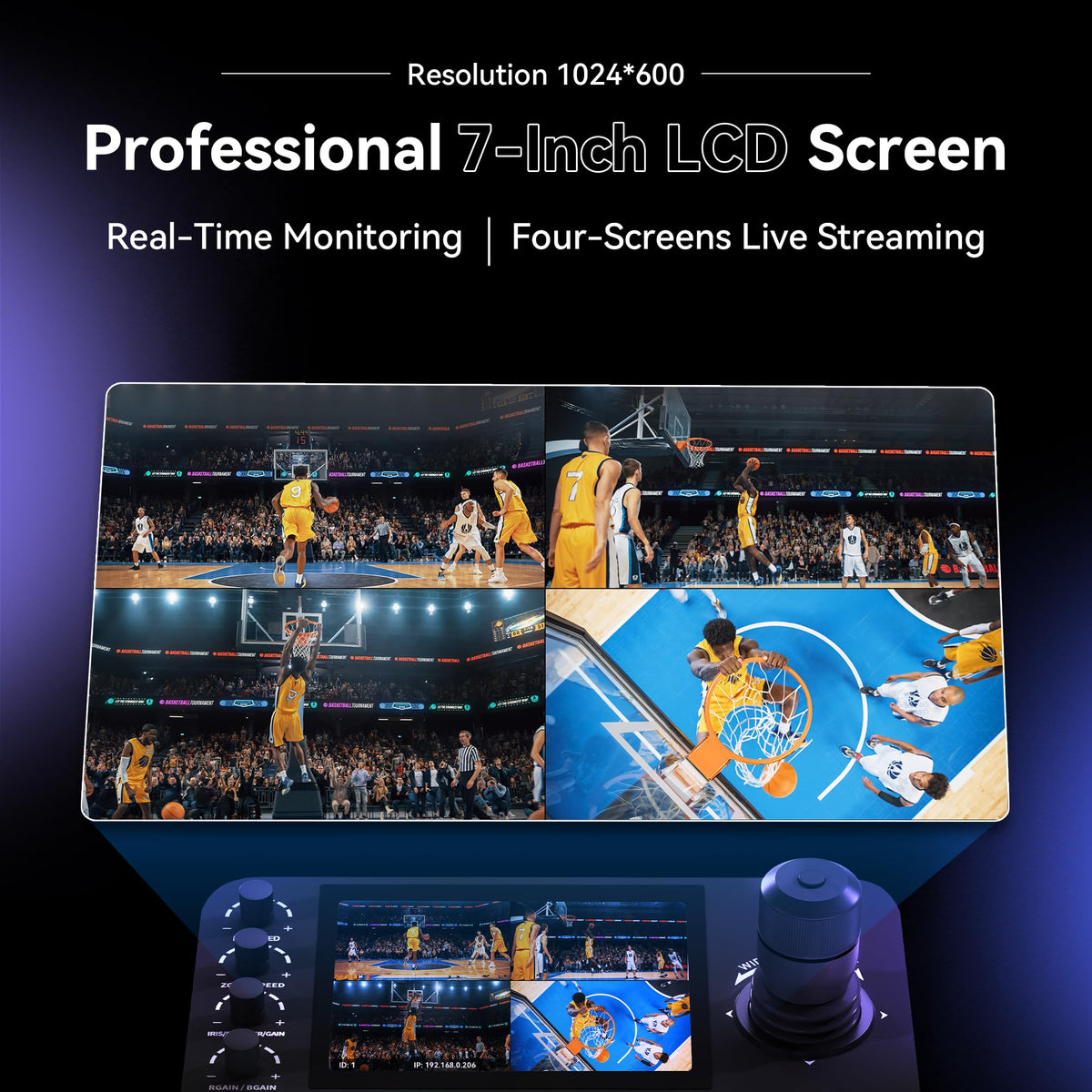 NDI PTZ Camera Joystick Controller, 7’’ LCD Quad-Screen Real-time Preview, 4D Joystick Controller, NDI License