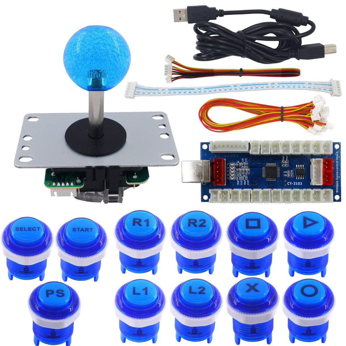 Arcade Game Stick DIY Kit Buttons with Logo 8 Way Joystick USB Encoder Cable Controller for PC PS3 PS2 MAME Raspberry