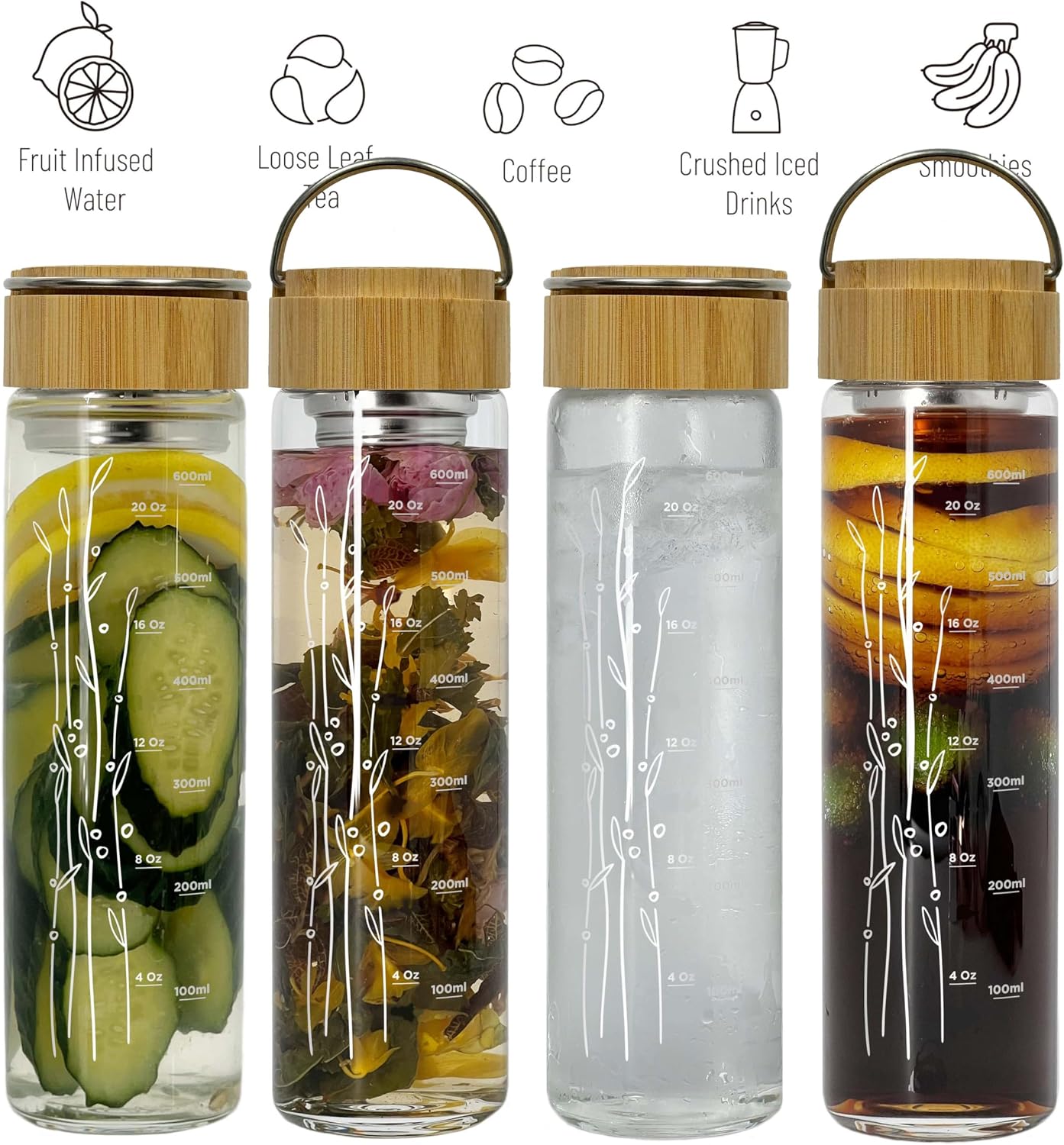 23 oz Glass Water Bottle with Infuser and Bamboo Lid Stainless Steel Handle - Tea Infuser Bottle