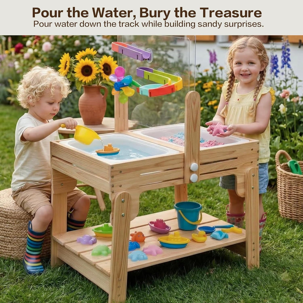 Water Table for Toddlers, Adjustable Height Wooden Sand and Water Table with 2 Collapsible Bins, Acrylic Activity