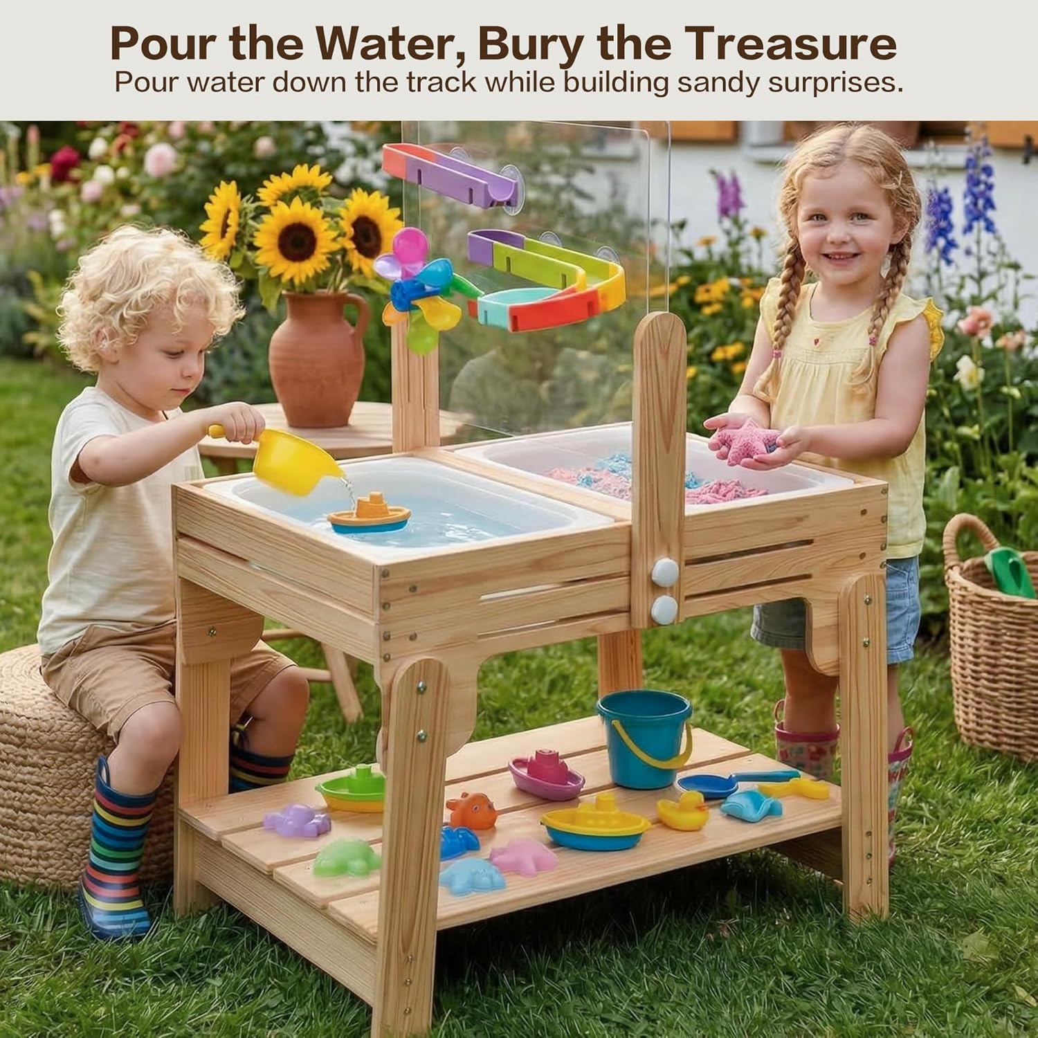 Water Table for Toddlers, Adjustable Height Wooden Sand and Water Table with 2 Collapsible Bins, Acrylic Activity
