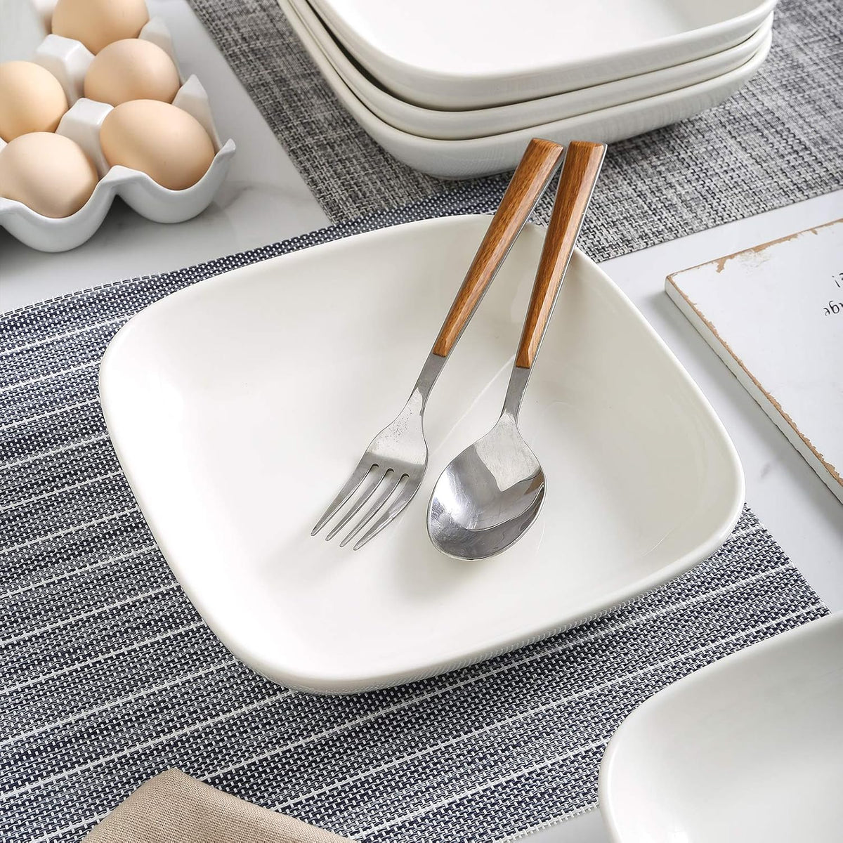 Porcelain 8-inch Square Dinner Plates, Pasta Salad Bowls, Set of 6, White