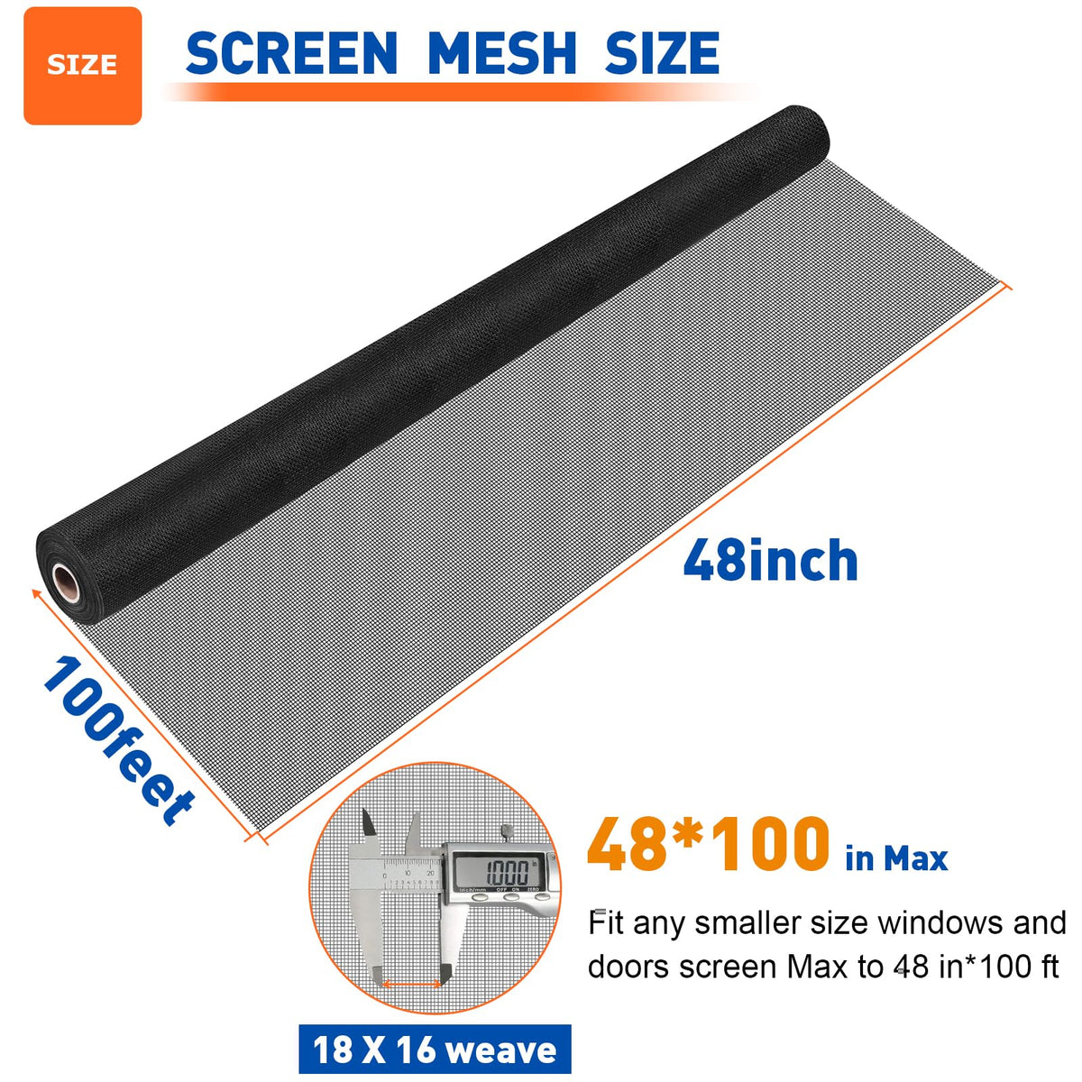 Fiberglass Window Screen Mesh Roll 48" x 100', Black