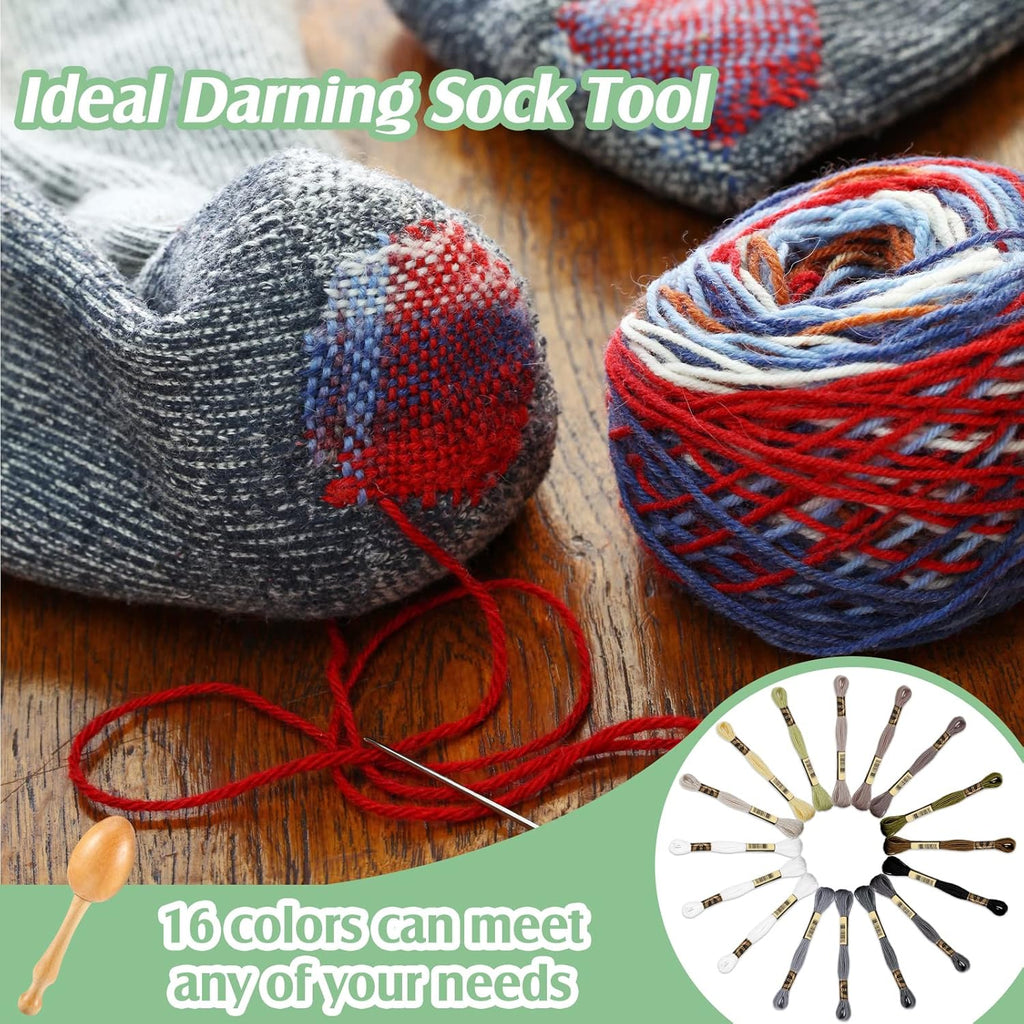 Darning Egg for Socks Wooden Darning Supplies Knit Patch Kit with 9 Large Eye Needles 16 Colors Sewing Threads for