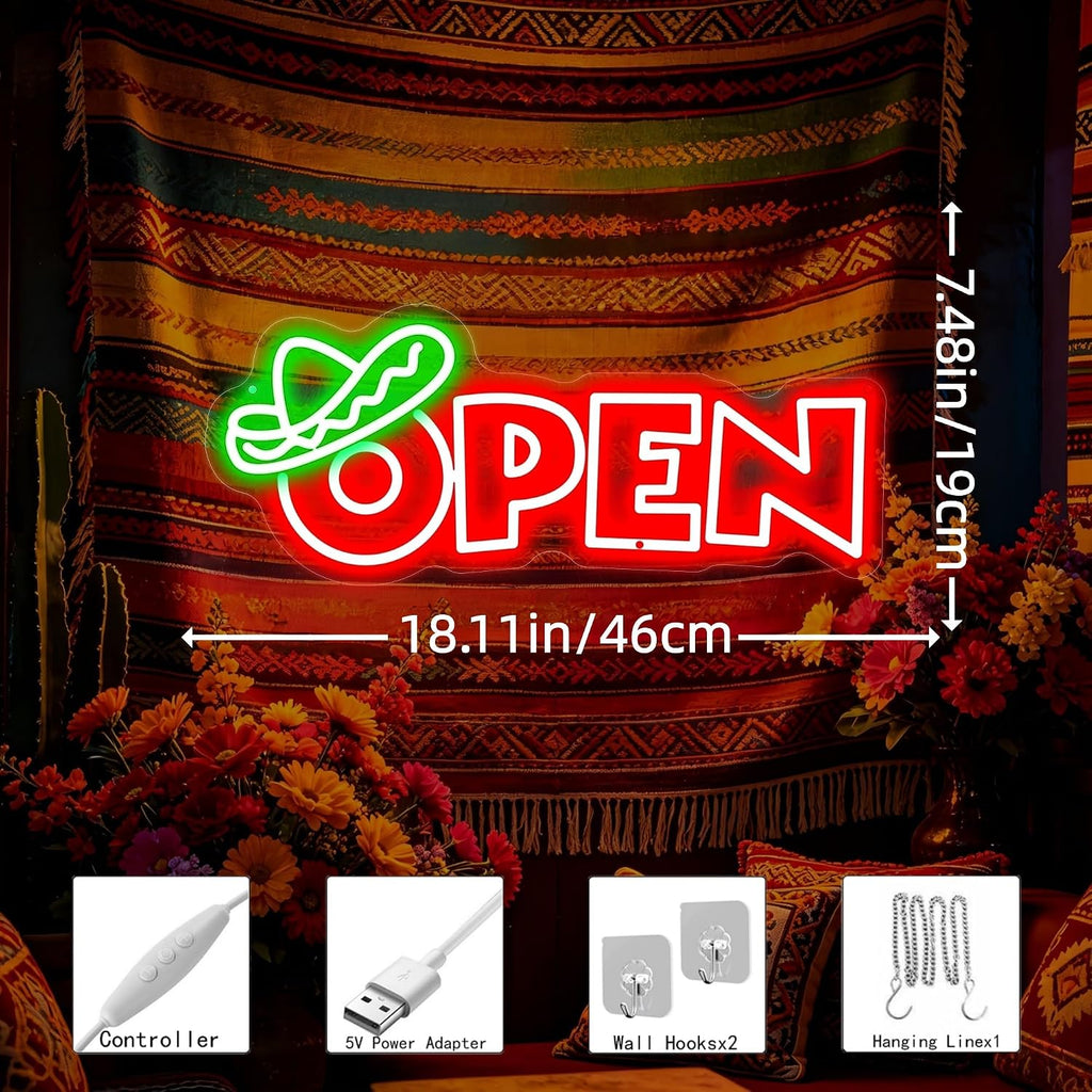 Mexican Food Open Neon Sign Restaurant Bar Shop Wall Decor -18.1"x7.5"