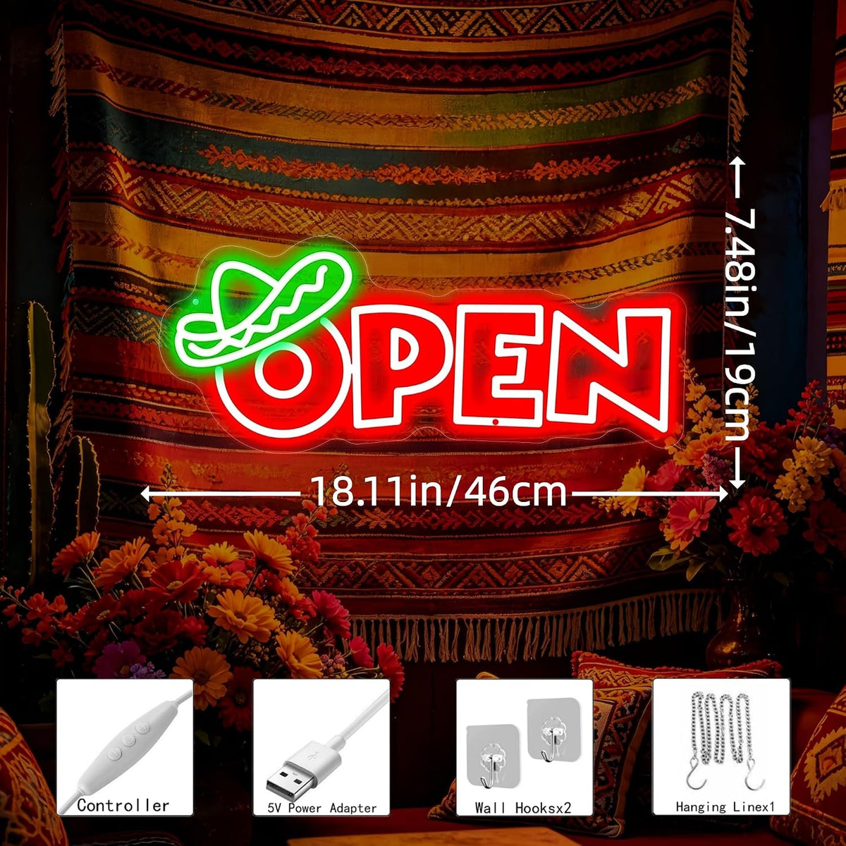 Mexican Food Open Neon Sign Restaurant Bar Shop Wall Decor -18.1"x7.5"