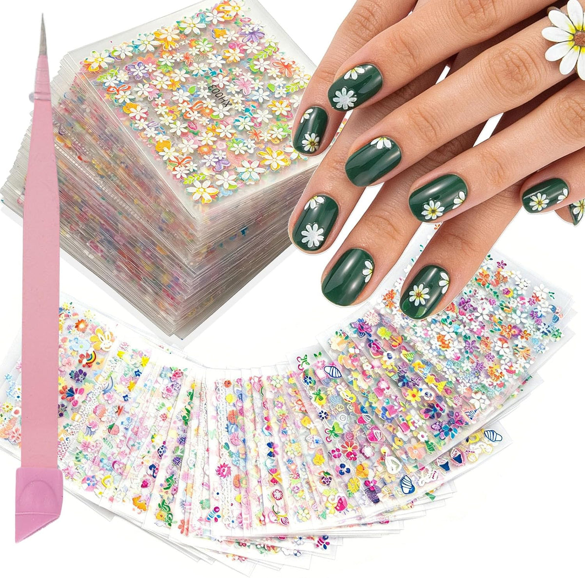 90 Sheets Flower Nail Stickers, 4500+Pcs 3D Daisy Floral Decals