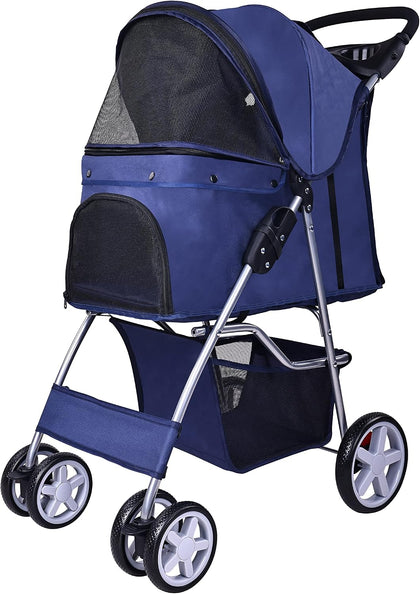 Pet Stroller, 4 Wheels Multifunction Dog Cat Stroller, Folding Portable Travel Stroller with Detachable Carrier