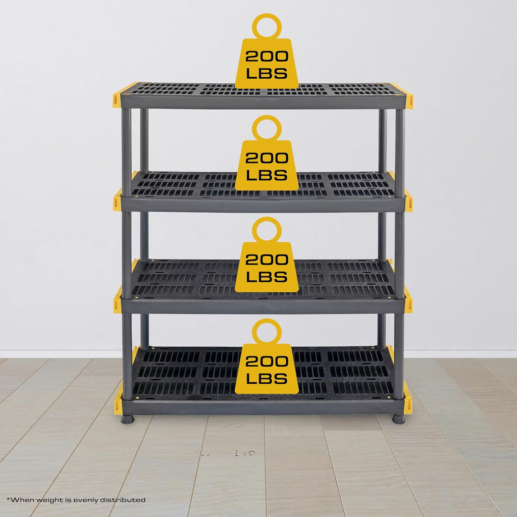 Black & Yellow, 4-Tier Heavy Duty Plastic Storage Shelving Unit, 200lbs/shelf (55H x 48W x 20D), for Indoor/Outdoor