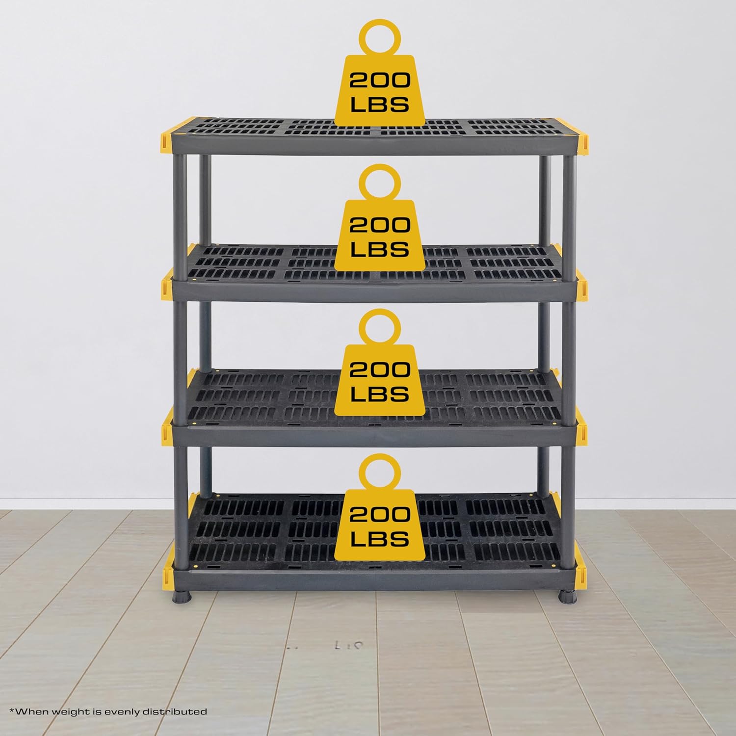 Black & Yellow, 4-Tier Heavy Duty Plastic Storage Shelving Unit, 200lbs/shelf (55H x 48W x 20D), for Indoor/Outdoor