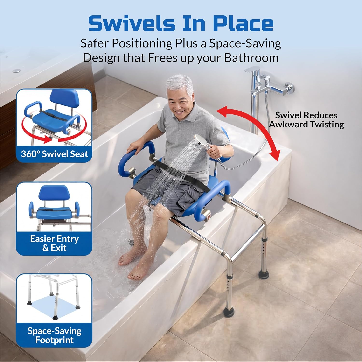 Carousel Sliding Shower Chair Tub Transfer Bench with Swivel Seat, Premium Padded, Pivoting Arms, Adjustable Space