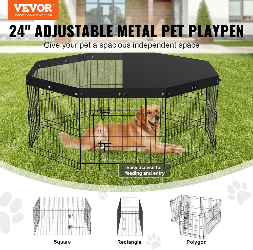 Foldable Metal Dog Exercise Pen, Pet Puppy Playpen Yard Fence with Top Cover & Door, Indoor Outdoor 8 Panels 24" W x