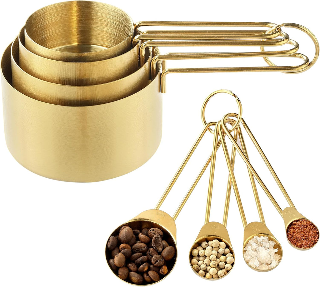 Measuring Cups and Spoons Set, Kaloo 8PCS Stainess Steel Metal Measuring Cups, Gold Finish, Ideal for Cooking and Baking