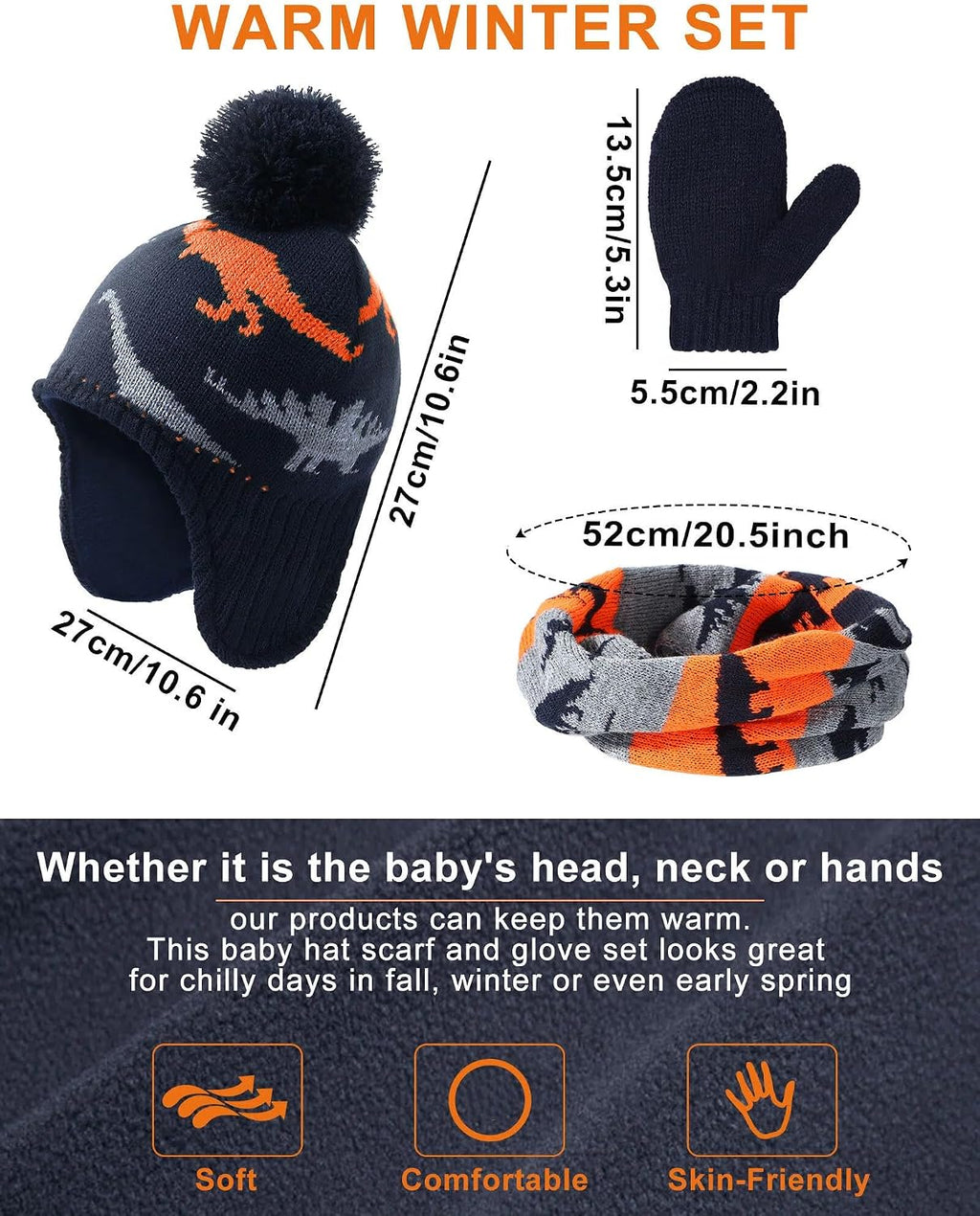 Winter Toddler Boys Hat Dinosaur Warm Mittens Scarf Set Pompom Baby Beanie Knitted Baby Hat Scarf Gloves Earflaps
