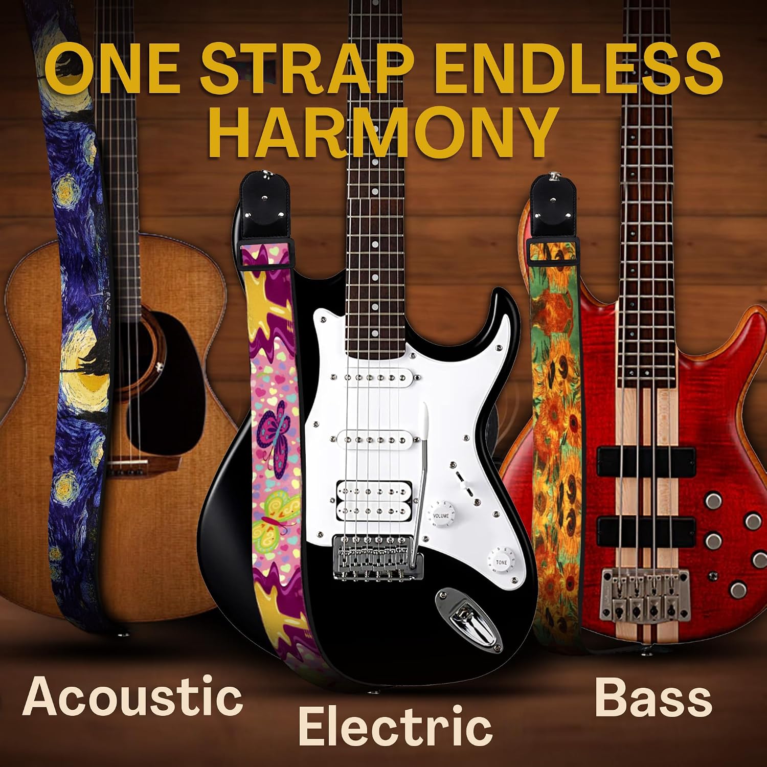 Guitar Strap For Acoustic, Electric and Bass Guitars, Adjustable Padded Leather Ends Guitar Straps For Men and Women