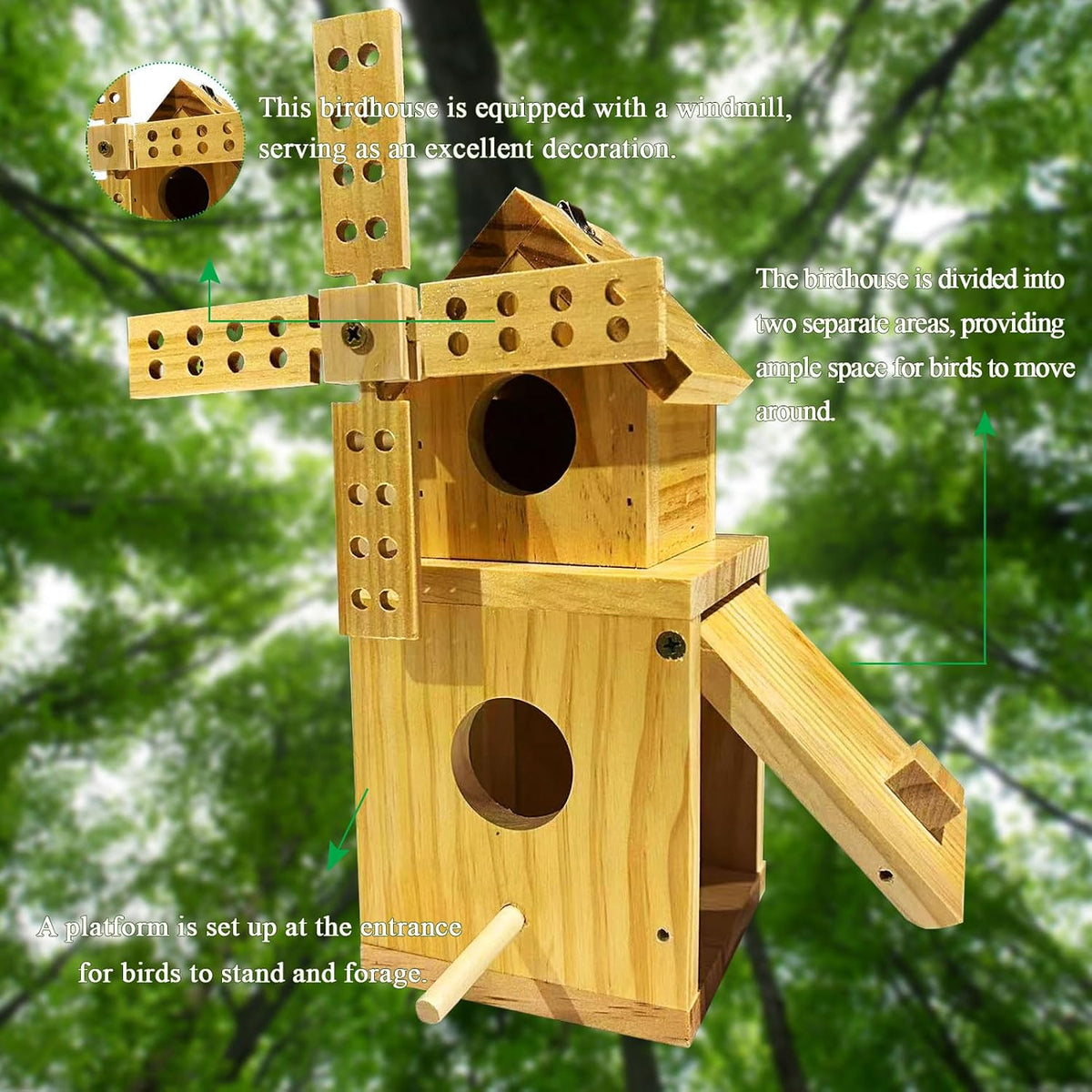 Wood Bird House, Hanging Windmill Bird Houses for Outside, Cedar Birdhouse Outdoors for Robin Budgie Swallow Little