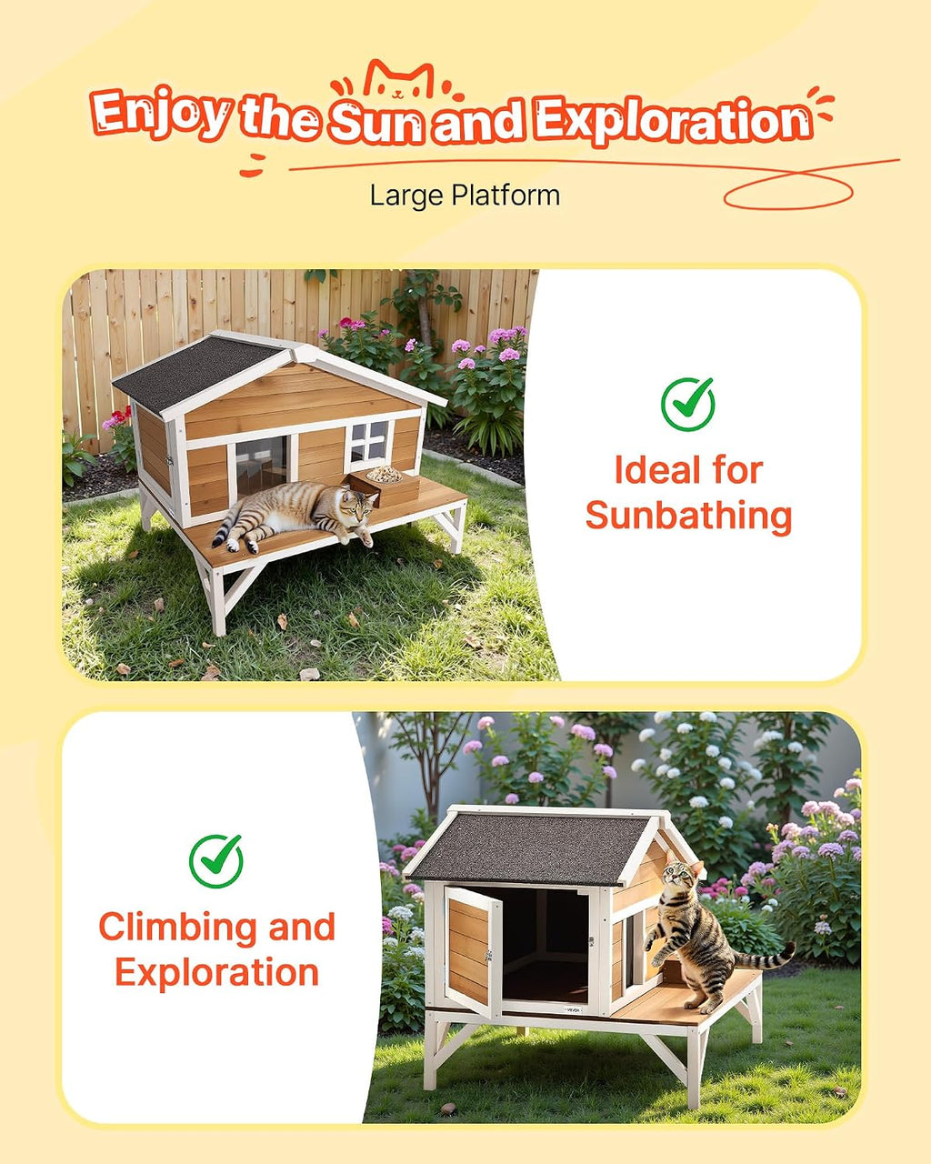 Insulated Cat House, All-Around Foam Insulation Elevated Cat Shelter, Wooden Feral Kitty Shelter with Large Platform