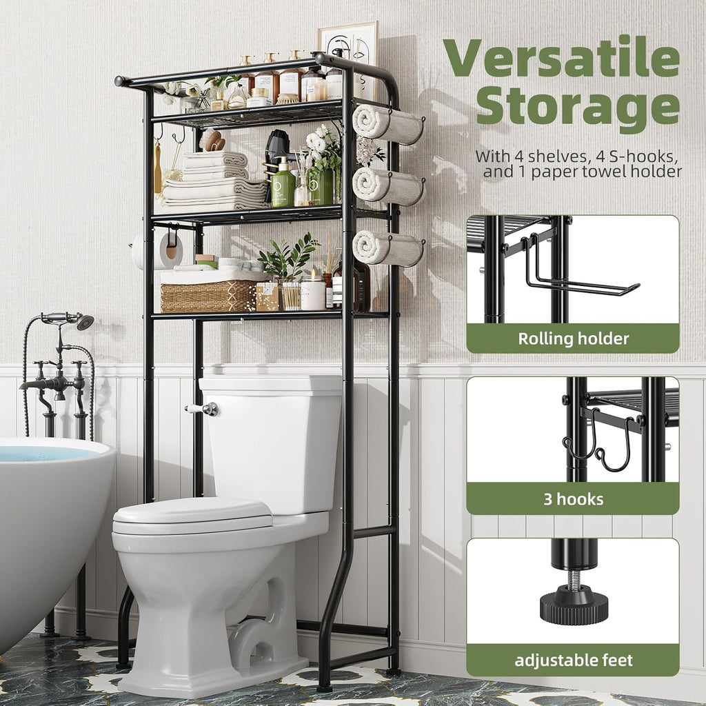 Over The Toilet Storage Cabinet, Metal Bathroom Shelf Organizer with Paper Holder and Hooks, 3 Tier, Black