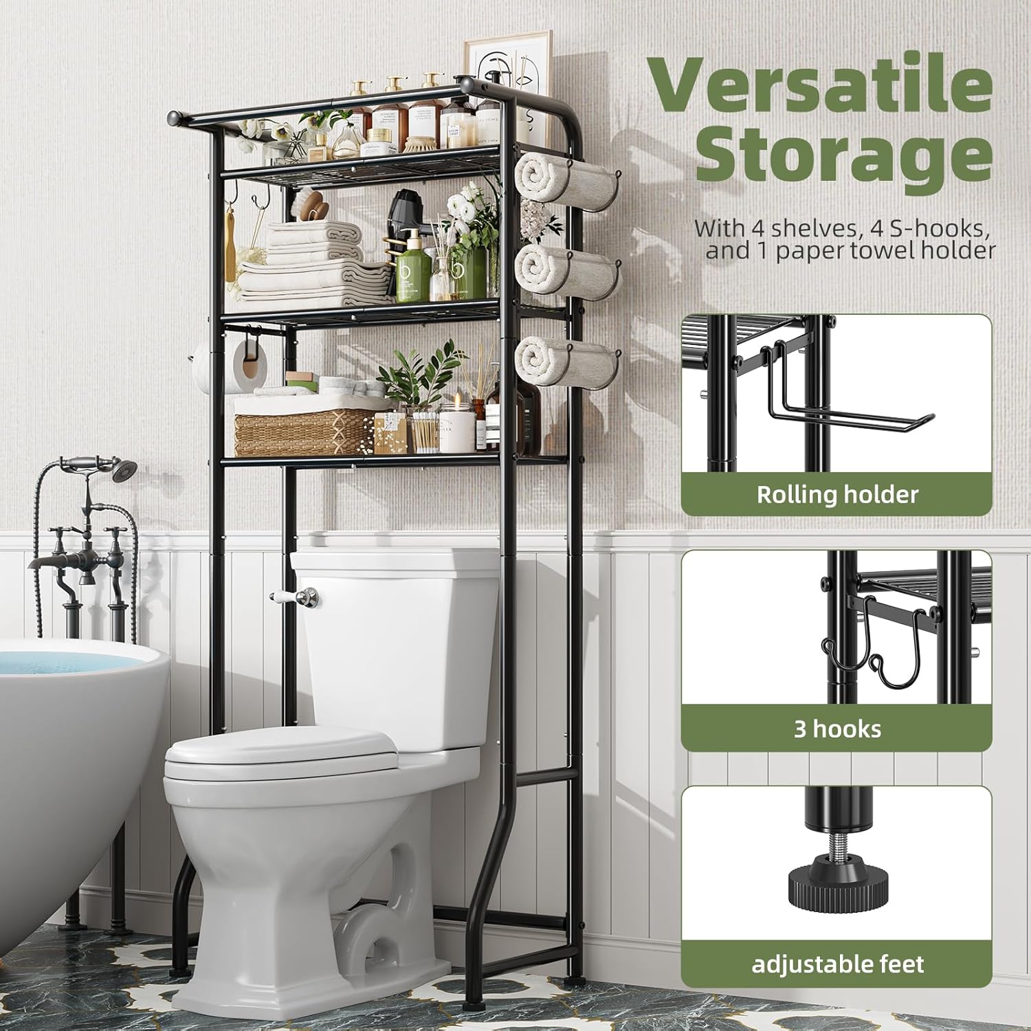 Over The Toilet Storage Cabinet, Metal Bathroom Shelf Organizer with Paper Holder and Hooks, 3 Tier, Black