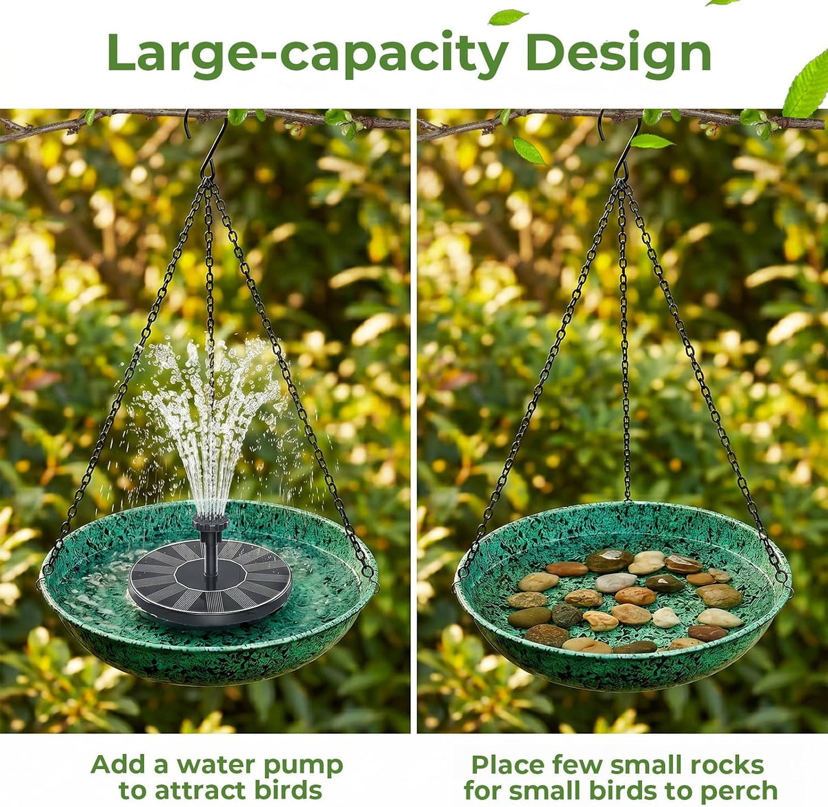 Hanging Bird Baths for Outside, 11 inch Outdoor Metal Bird Feeder for Garden Yard Decor Green
