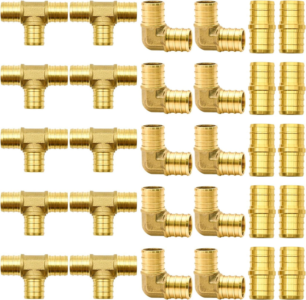 30pcs 3/4" Brass PEX Fittings, Elbow TEE Straight Couplings Set