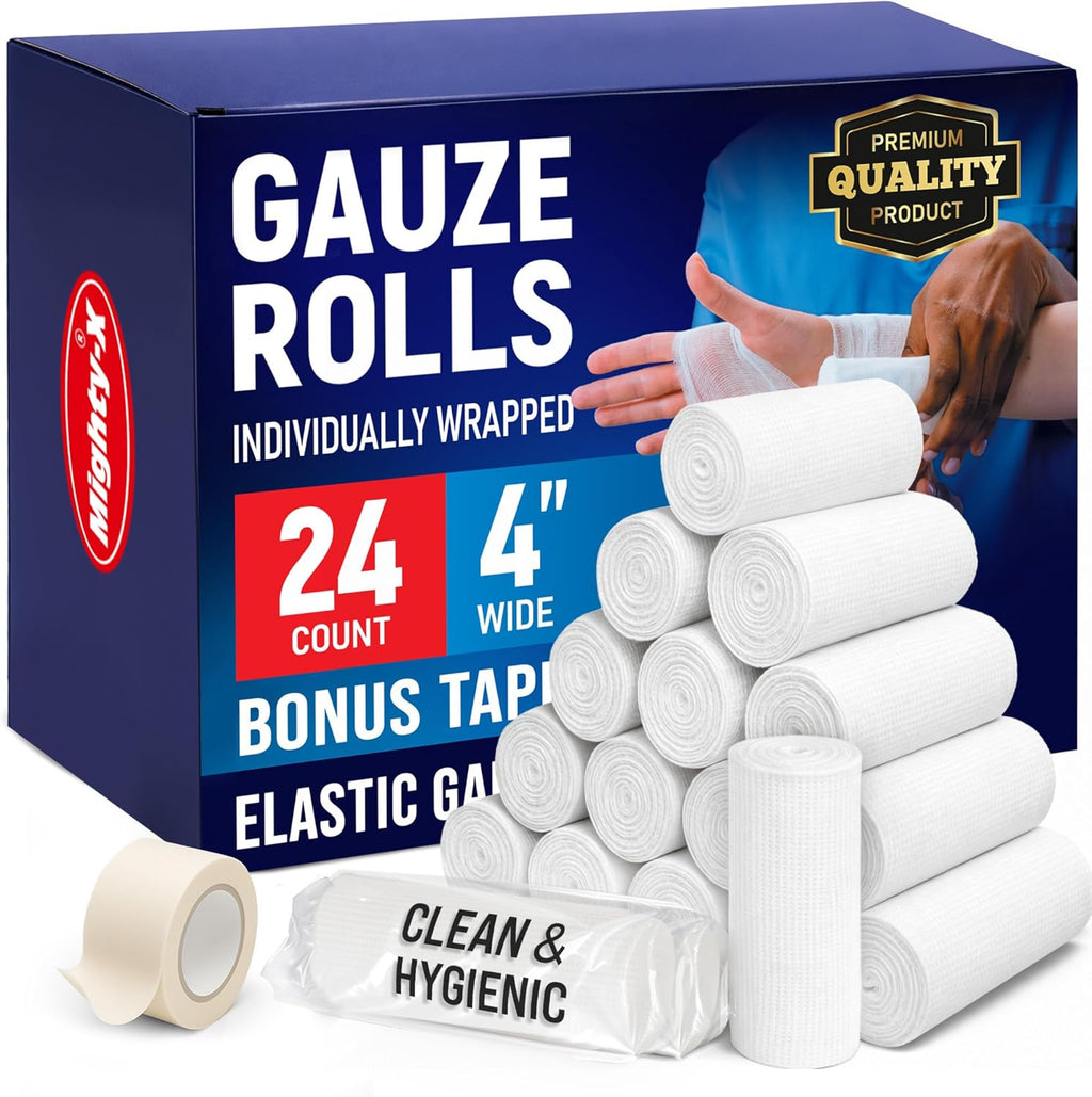24 Gauze Rolls - 4" x 4.1yd - Soft and Breathable Rolled Gauze - Latex-Free Premium Individually Wrapped Bandages