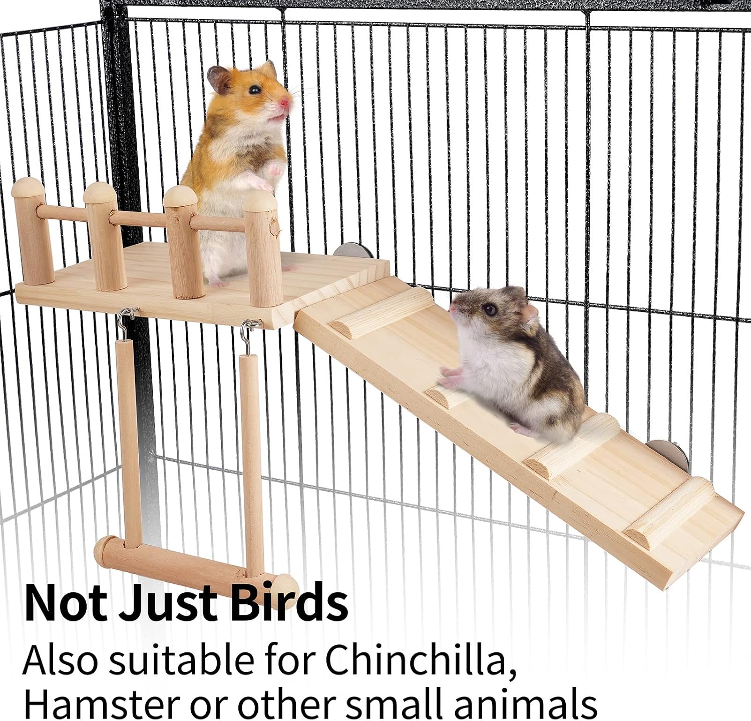 Bird Perches Platform Swing with Climbing Ladder, Parakeet Cage Accessories Wooden Playing Gyms Exercise Sturdy for