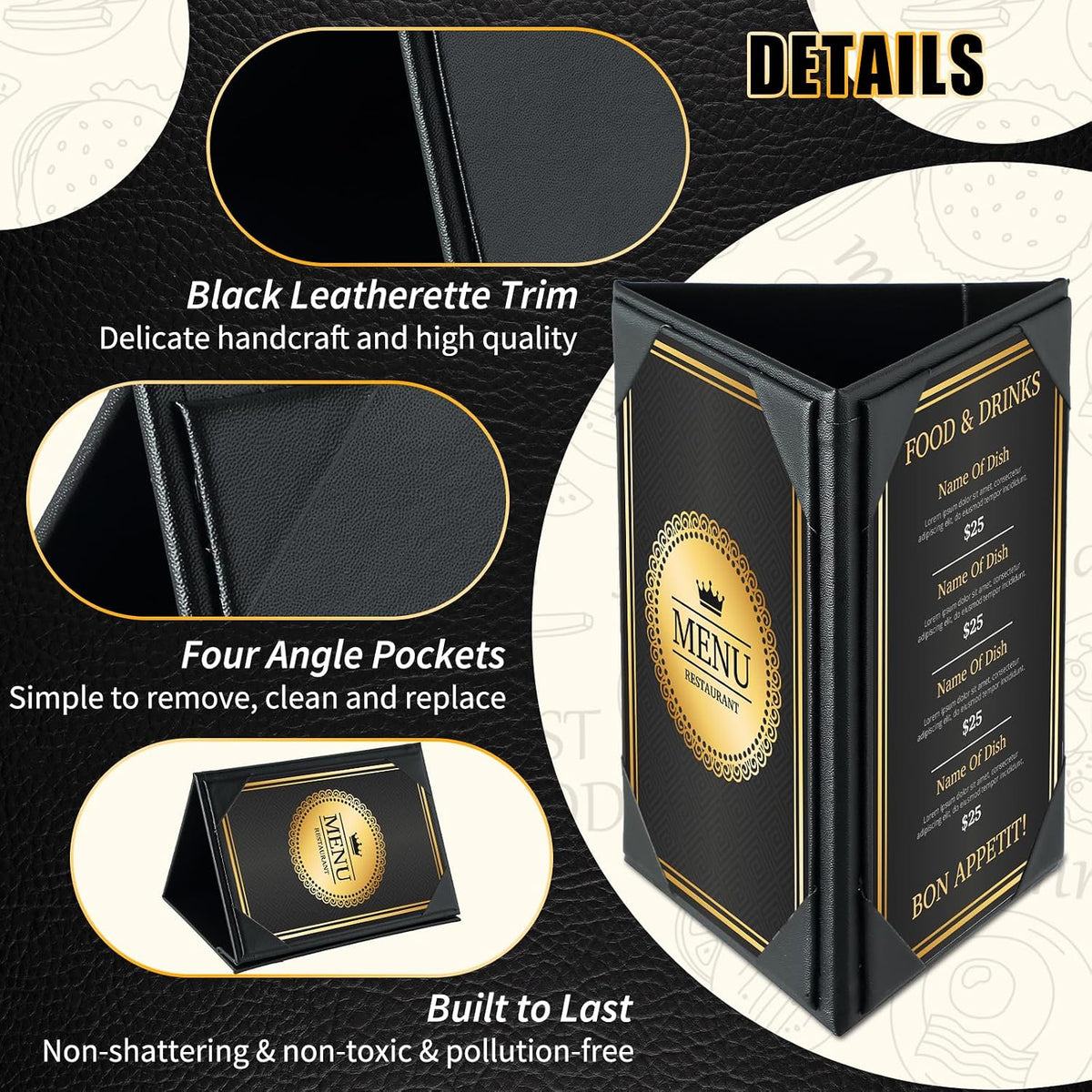 Leather Table Tent Triangle Menu Holders 4" x 6", 2 Pack 3-Side