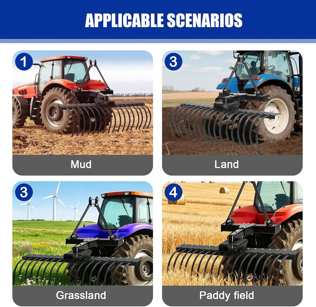3 Point Hitch Landscape Rake, 49" Adjustable Spring Steel Tractor Attachment for CAT-0 CAT-1 Tractors, Arena Grading