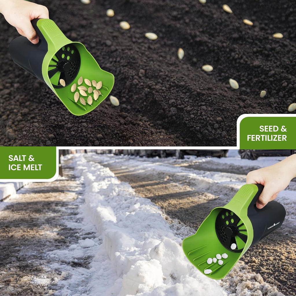 Garden Guru Handheld Seed Spreader Shaker – Multi Use Grass Seed, Fertilizer, Salt, Ice & Snow Melt Spreader –