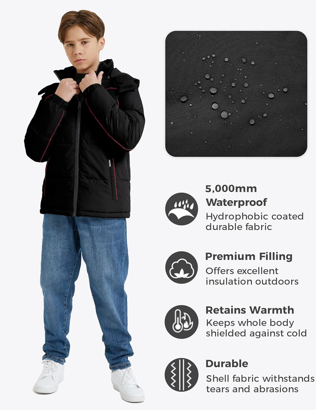 Boys' Winter Coat Waterproof Puffer Jacket Parka with Removable Hood | Windproof,Insulated,5000mm Waterproof,Machine