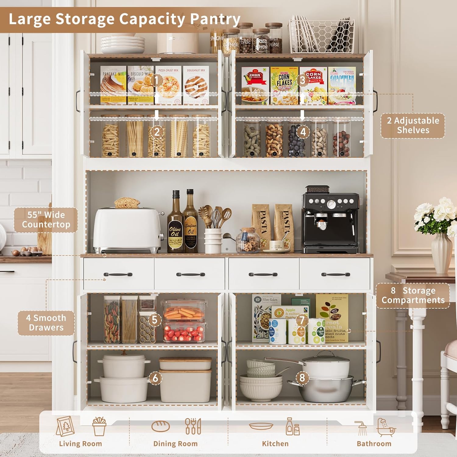 71'' Tall Pantry Cabinet with Charging Station, Large Modern Pantry Storage Cabinet with Adjustable Shelves, 4