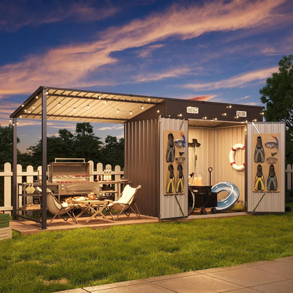 5.6x3.5FT Outdoor Storage Shed & Hardtop Gazebo Combo | 12x3.5FT Metal Lean to Shed with Open-Sided Pergola, 2-in-1
