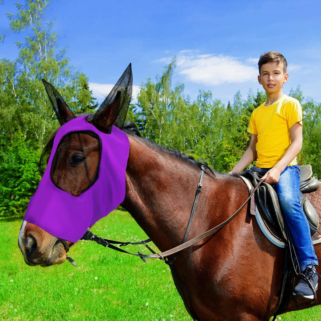 2 Pcs Mesh Horse Fly Mask with Ears, L, Purple, Pink