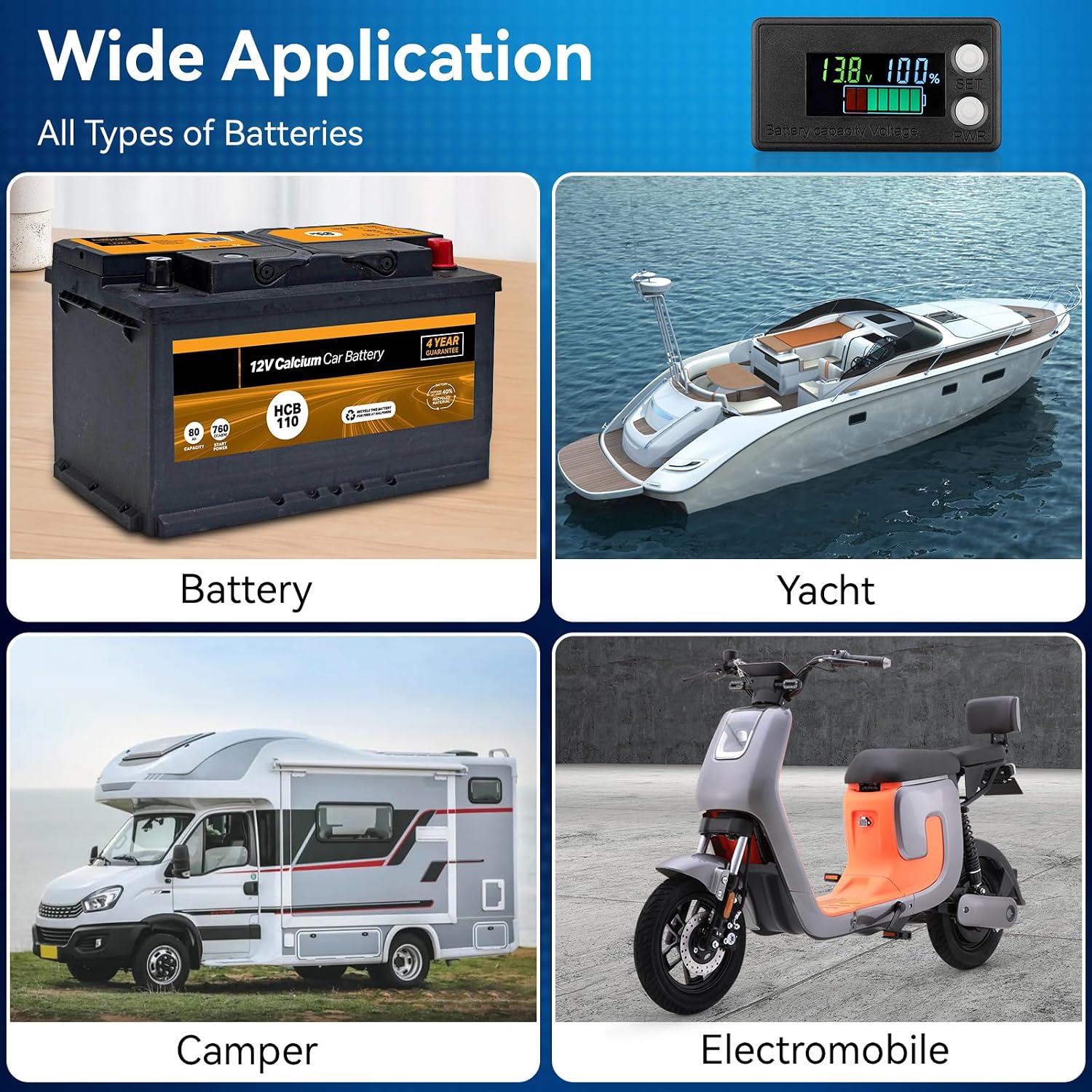 Waterproof Battery Monitor 12V 24V 36V 48V 72V Battery Meter 8-100V, Capacity Tester LCD Display Color Screen