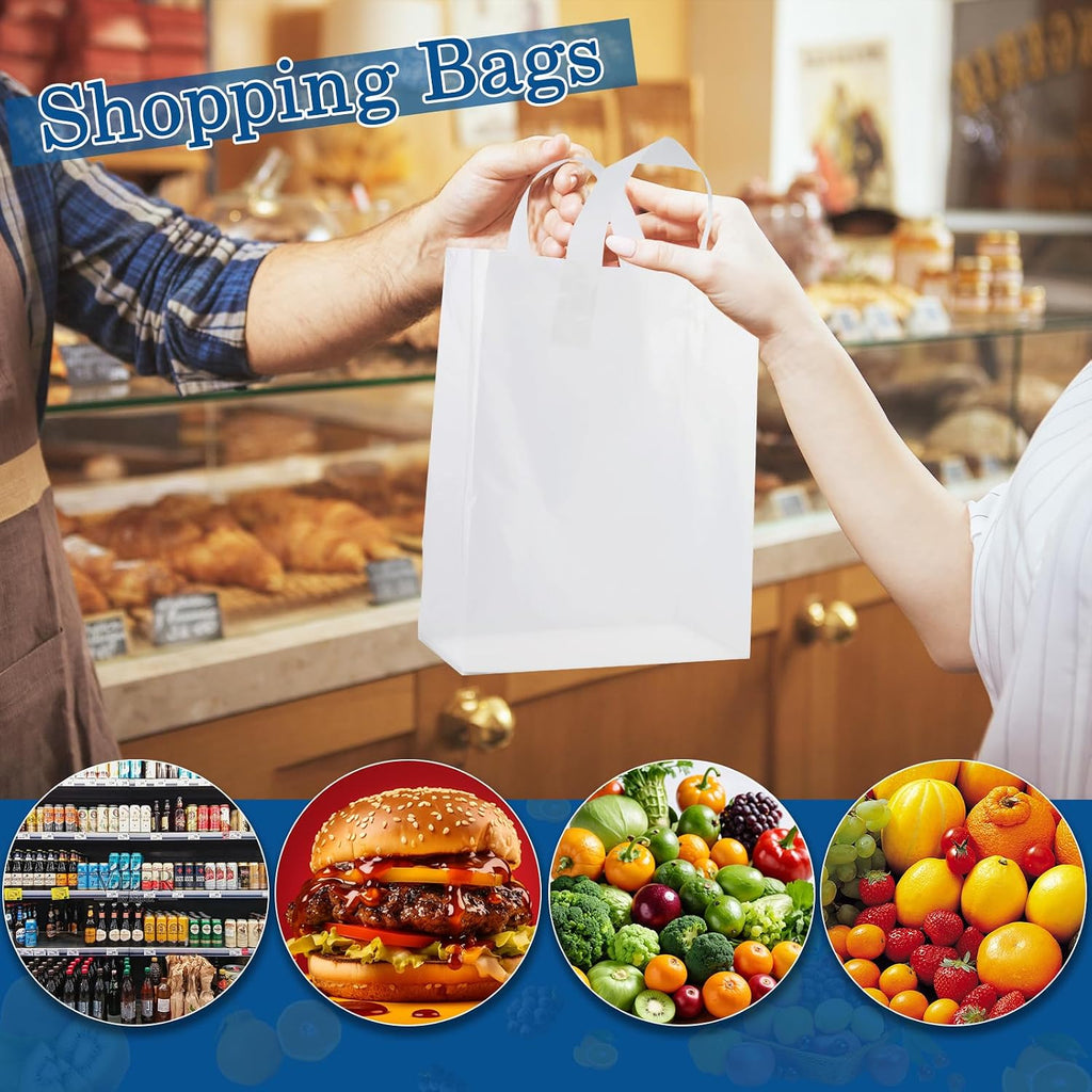 Plastic Bags with Handles - 110 Pack Clear Frosted Gift Bags with Cardboard Bottom, 25LB Thickened Boutique Bags Bulk