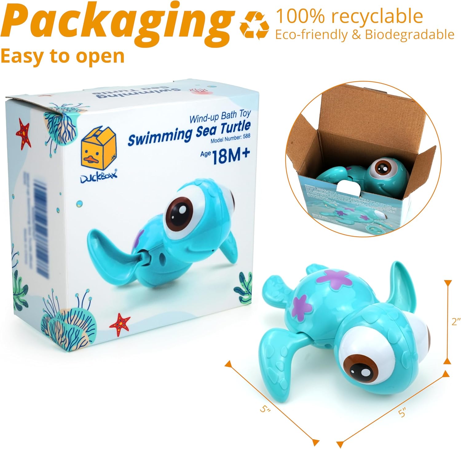 Wind-up Swimming Sea Turtles Bath Toy, No Battery Mold-Free Anti-Rust Interactive Montessori Toy for Kids 18M+ (Blue)